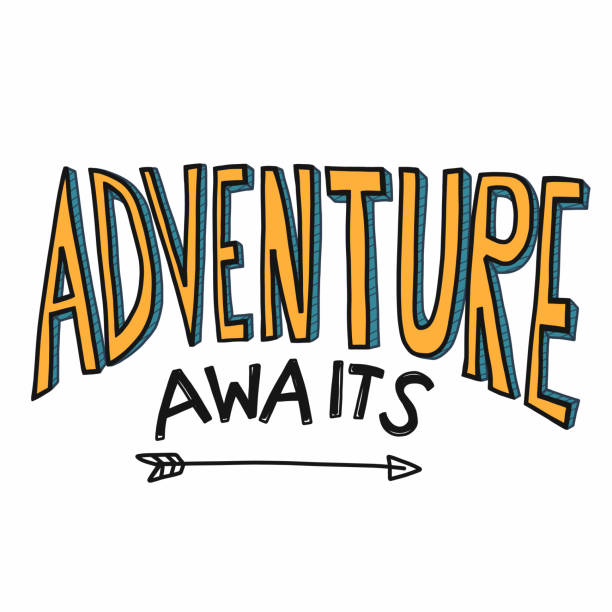 приключение ждет слово вектор иллюстрации желтого цвета мультфильм шрифт стиль - adventure stock illustrations