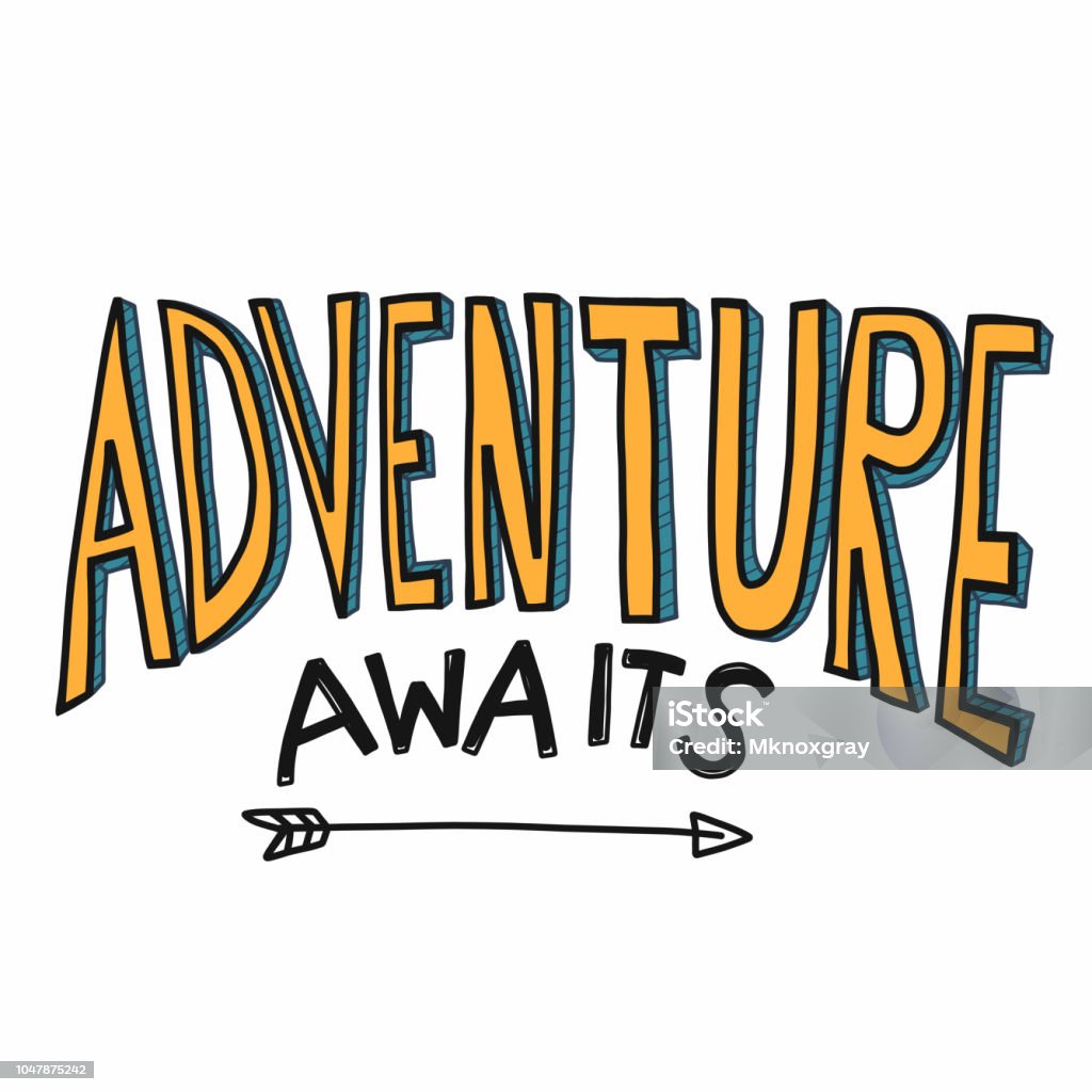 Adventure awaits word vector illustration yellow color cartoon font style Adventure stock vector