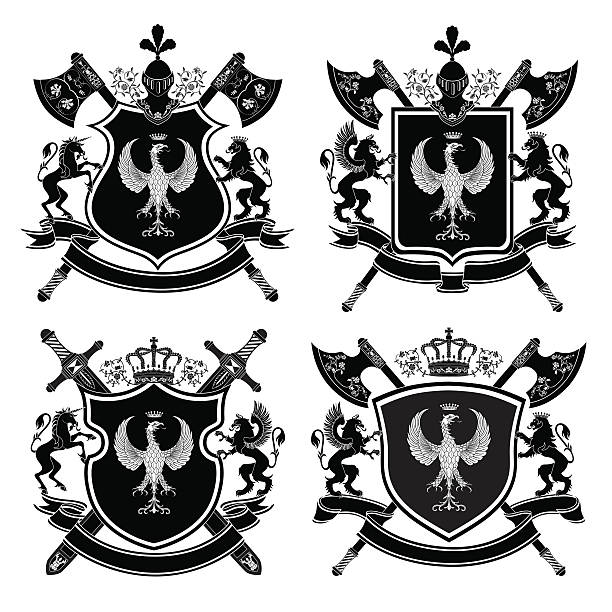 국가 문장 (coat of arms) - shield lion griffin crown stock illustrations