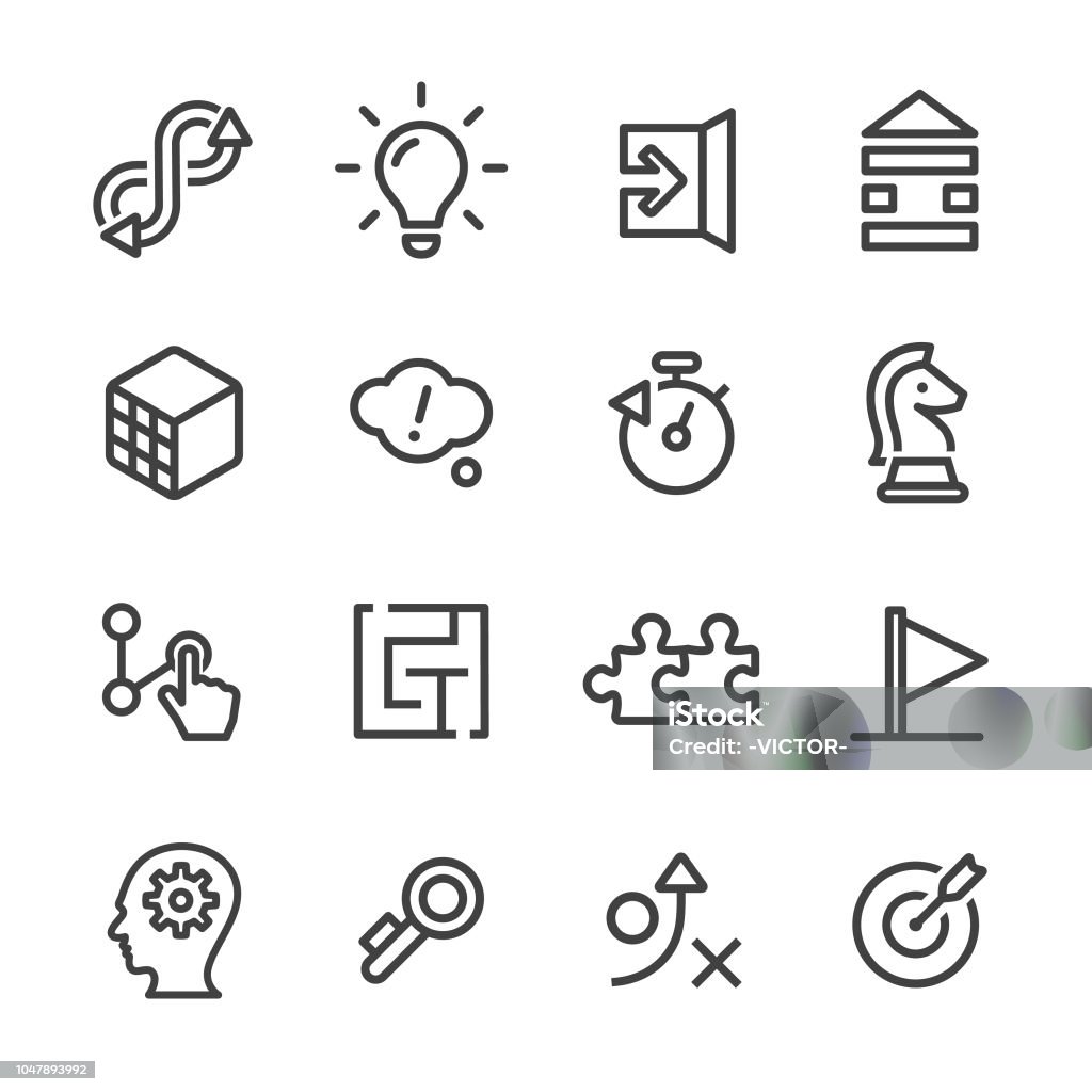 Puzzle and Solution Icons - Line Series Puzzle, Solution, Strategy, Challenge stock vector