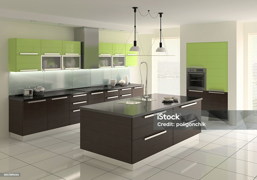 Modern kitchen Interior of modern kitchen. 3d  render. Apartment Stock Photo