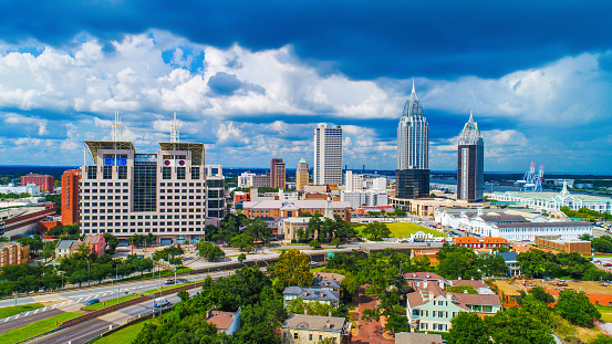 Drone Aerial View of Downtown Mobile Alabama AL Skyline