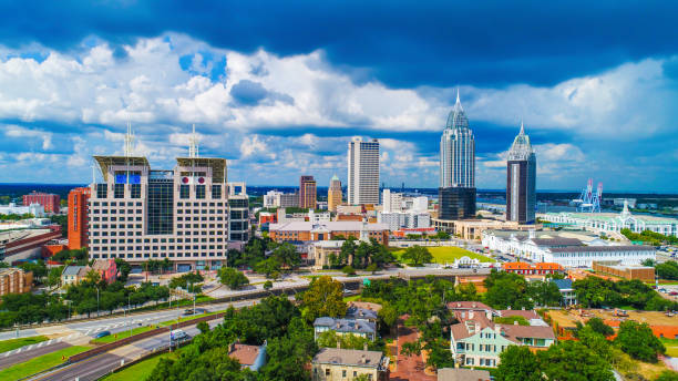 Aerial View of Downtown Mobile, Alabama, USA Skyline Drone Aerial View of Downtown Mobile Alabama AL Skyline battleship photos stock pictures, royalty-free photos & images