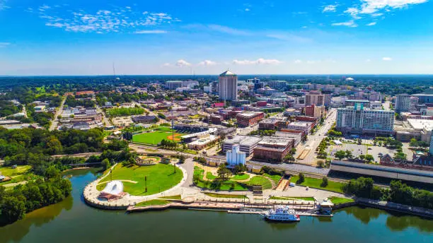 Drone Aerial View of Downtown Montgomery Alabama AL Skyline