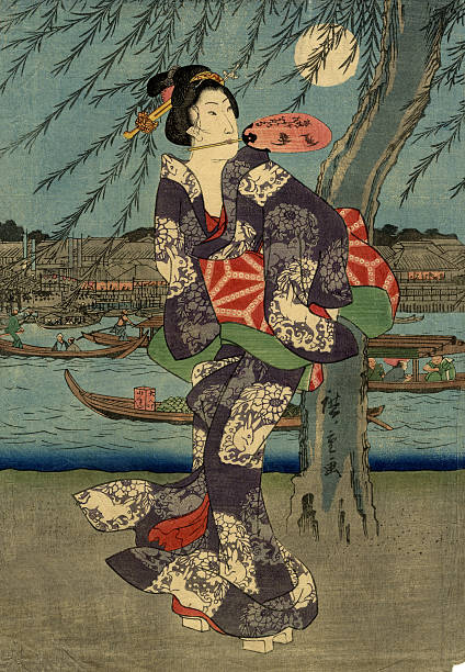 ilustraciones, imágenes clip art, dibujos animados e iconos de stock de japonés woodblock imprimir mujer y la luna - geisha