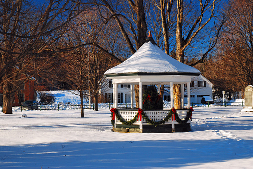 A gazebo with a Christmas tree and holly grace the town square of Grafton, Vermont