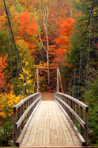 A wooden pedestrian suspension bridge over a stream takes visitors on a fall hike in the White Mountains of New Hampshire