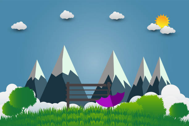 istock umbrellas and chair, mountains with beautiful sunsets over the clouds.vector illustration 1047904810
