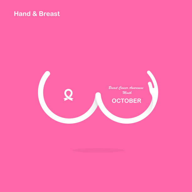 手形和乳房圖示。乳腺癌10月宣傳月運動橫幅。婦女健康概念。乳癌意識月設計。逼真的粉紅色絲帶。粉紅色護理。向量插圖 - beast cancer awareness 幅插畫檔、美工圖案、卡通及圖標