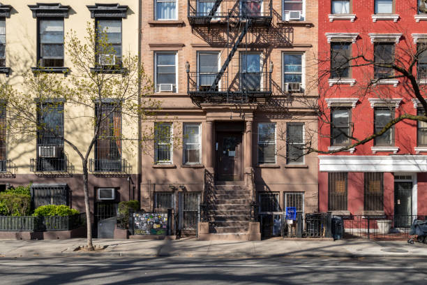 East Village buildings in New York City Colorful old buildings on 10th Street in the East Village of Manhattan in New York City NYC harlem park stock pictures, royalty-free photos & images