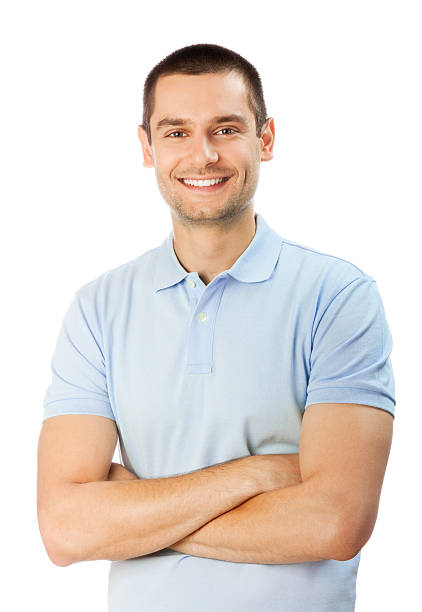 Retrato de homem sorridente feliz, isolado a branco - fotografia de stock