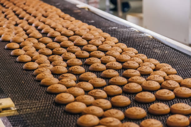 istock Baking production line. Cookies on conveyor belt, close up 1047927816