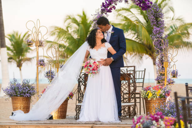 just married on the beach - hairstyle love wedding photography imagens e fotografias de stock