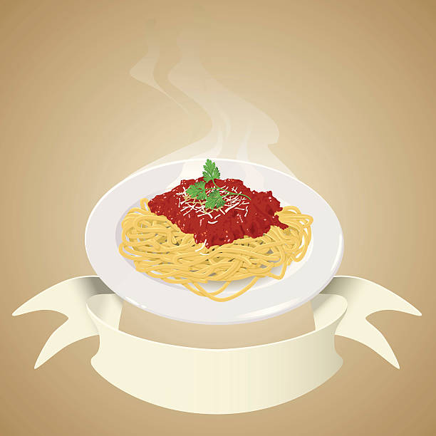 illustrazioni stock, clip art, cartoni animati e icone di tendenza di spaghetti con banner - ragù