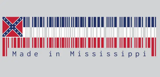 Vector illustration of Barcode set the color of Mississippi flag, Three horizontal stripes of blue white and red. The canton is square, spans two stripes, consists of a red background with a blue saltire.