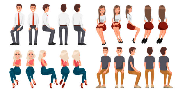 Big set of sitting people. Men in casual clothes and official clothes, woman in red skirt and a white blouse, woman in casual clothes . Cartoon realistic people. Flat young man. Front view, Side view Big set of sitting people. Men in casual clothes and official clothes, woman in red skirt and a white blouse, woman in casual clothes . Cartoon realistic people. Flat young man. Front view, Side view sitting stock illustrations