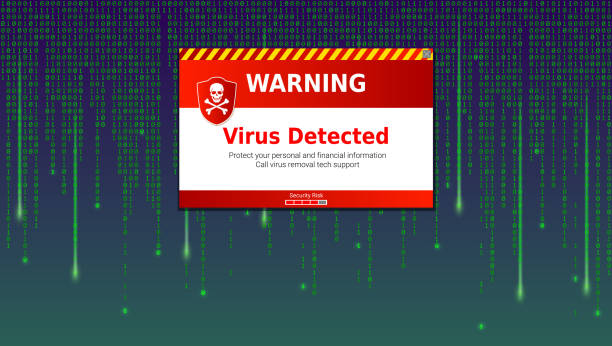 ilustraciones, imágenes clip art, dibujos animados e iconos de stock de mensaje de alerta de virus detectado. análisis y la identificación de virus de la computadora dentro de listado de código binario de matriz. plantilla para el concepto de seguridad, programación y hacking, descifrado y cifrado - virus