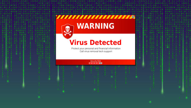 검색 하는 바이러스의 경고 메시지입니다. 검색 하 고 식별 하는 이진 코드 목록 매트릭스의 내부 컴퓨터 바이러스. 보안, 프로그래밍, 해킹, 암호 해독 및 암호화의 개념에 대 한 서식 파일 - virus stock illustrations