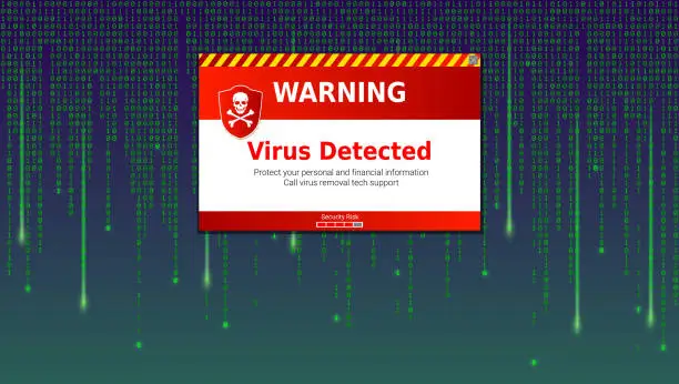 Vector illustration of Alert message of virus detected. Scanning and identifying computer virus inside binary code listing of matrix. Template for concept of security, programming and hacking, decryption and encryption