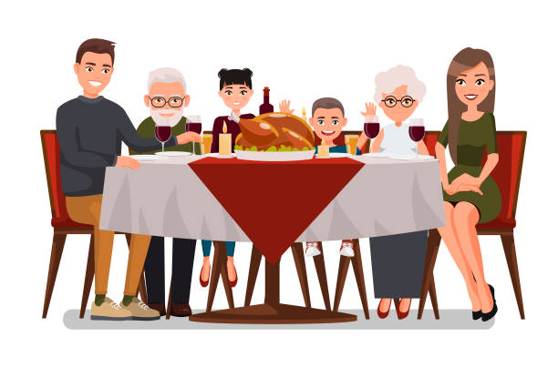 ilustrações de stock, clip art, desenhos animados e ícones de christmas & thanksgiving inspired holiday card with happy family celebrating thanksgiving day. turkey at the table.vector flat design family. father, mother, daughter, son, grandmother and grandfather - christmas dinner