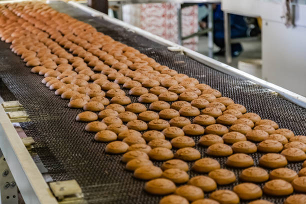 istock Baking production line. Cookies on conveyor belt, close up 1047958294