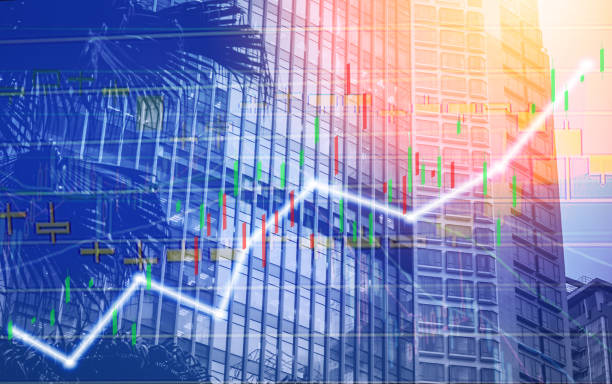 istock Composing with business building and stock chart on background (blue bull chart) 1047979624