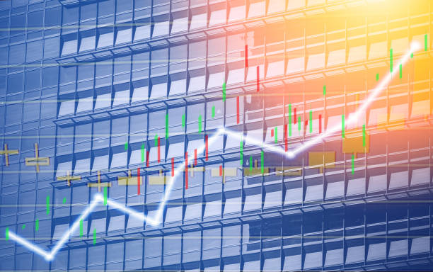 istock Composing with business building and stock chart on background (blue bull chart) 1047979658