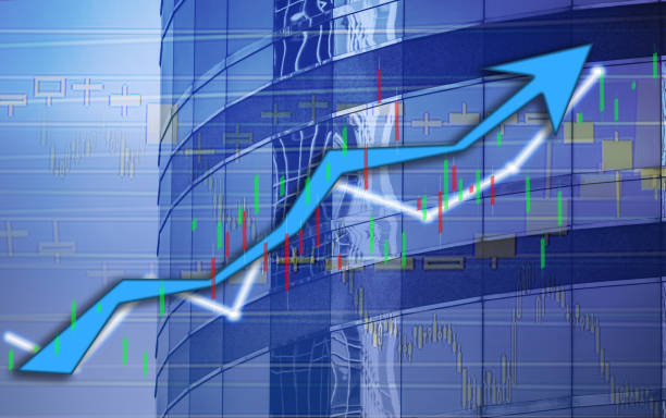 istock Composing with business building and stock chart on background (blue bull chart) 1047979716
