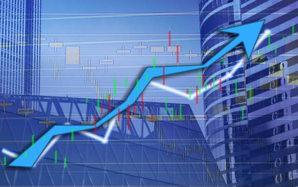 istock Composing with business building and stock chart on background (blue bull chart) 1047979798