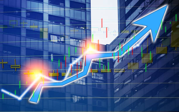 istock Composing with business building and stock chart on background (blue bull chart) 1047979844
