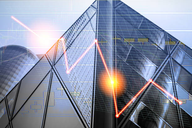 istock Composing with business building and stock chart on background (red bear chart) 1047980266