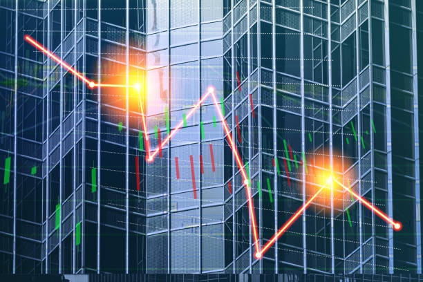 istock Composing with business building and stock chart on background (red bear chart) 1047980308