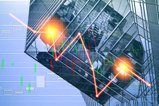 istock Composing with business building and stock chart on background (red bear chart) 1047980320
