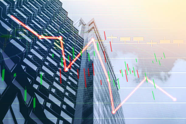 istock Composing with business building and stock chart on background (red bear chart) 1047980332