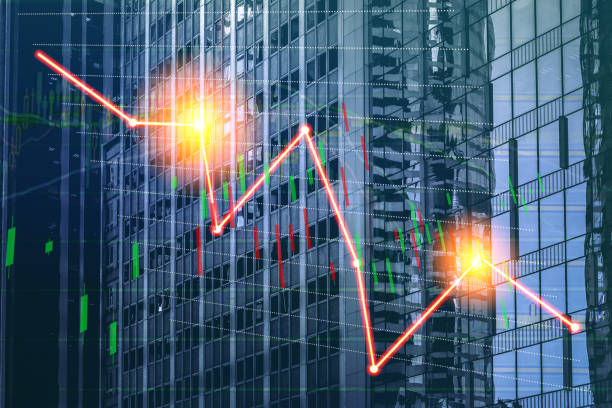 istock Composing with business building and stock chart on background (red bear chart) 1047980344