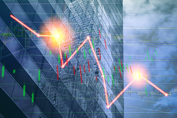 istock Composing with business building and stock chart on background (red bear chart) 1047980402