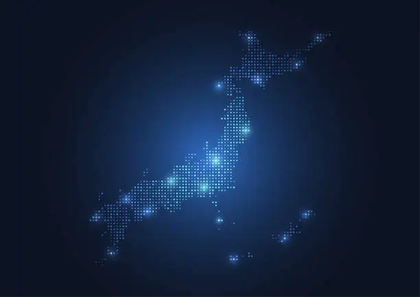 Vector illustration of Abstract map of the Japan created from dots pixels art style. Technology and communication network map concept. Vector illustration