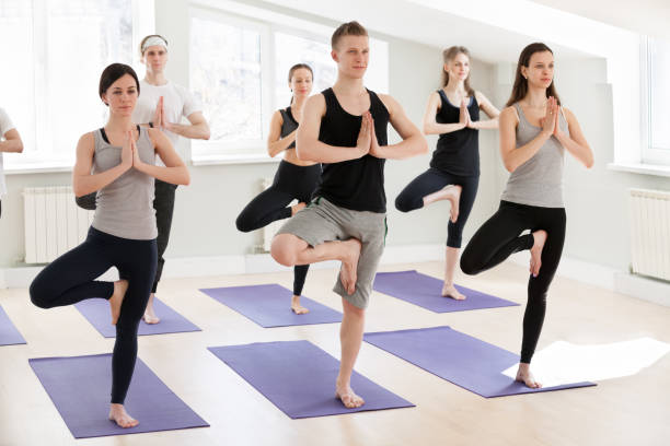 istock Group of young sporty people practicing yoga, doing Vrksasana exercise 1048005068