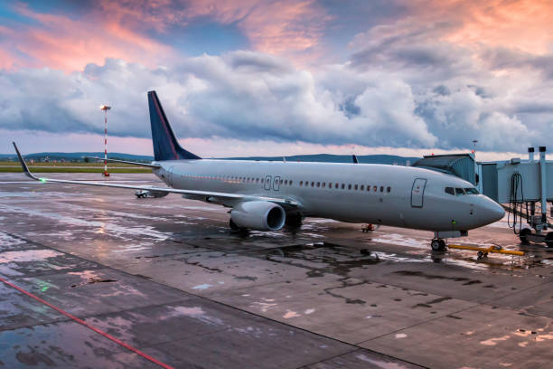 istock Passenger aircraft parked to a boarding bridge in the evening light 1048012734