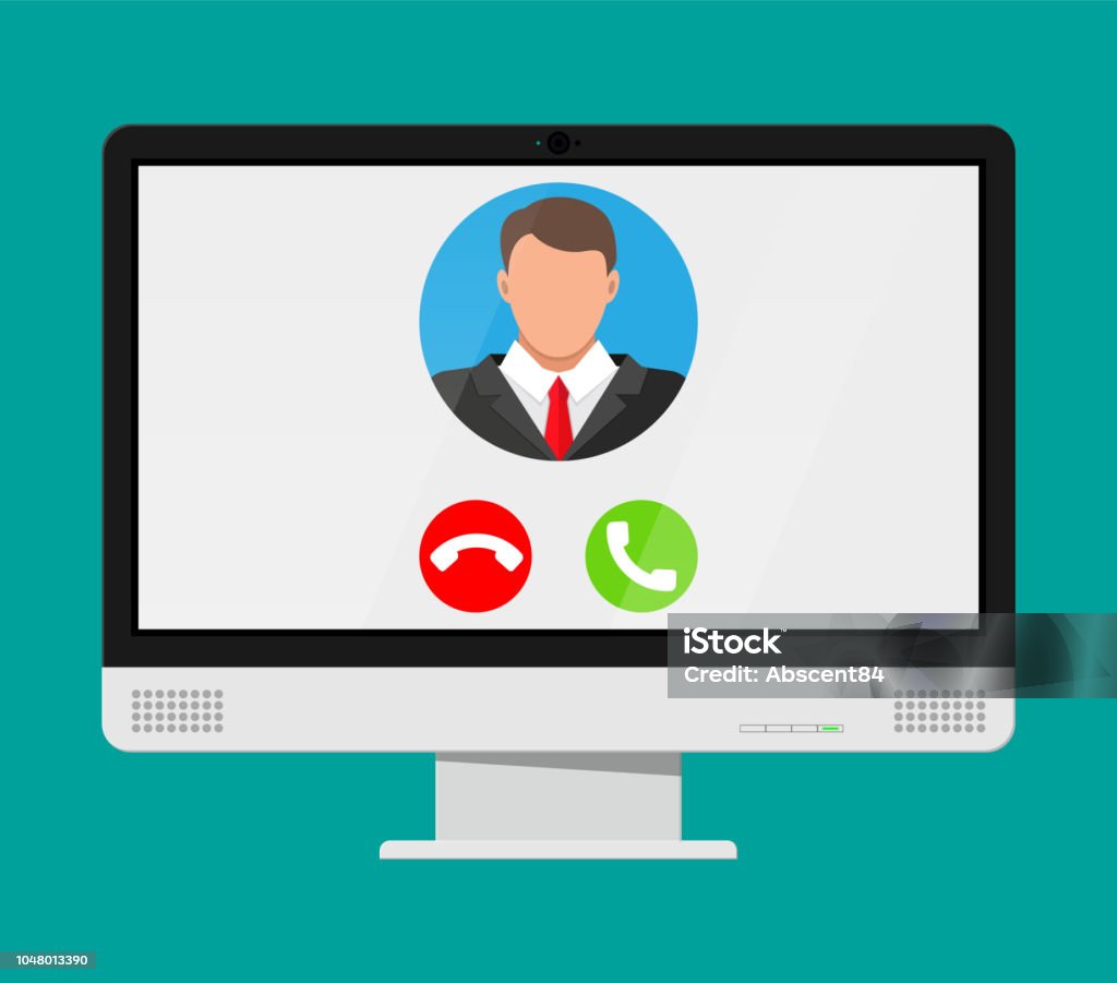 Incoming video call on computer Incoming video call on computer. Photo of man, decline and accept buttons on notebook screen. Online meeting, videocall, webinar or training. Vector illustration in flat style Video Conference stock vector