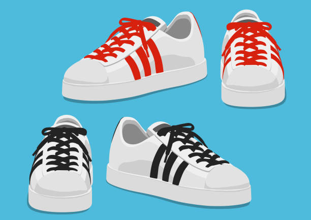 illustrazioni stock, clip art, cartoni animati e icone di tendenza di scarpe sportive con corde rosse e nere, illustrazione vettoriale - paio