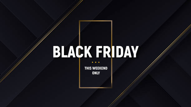 Black friday luxury sale banner. Black background with papercut layers and golden glittering lines. Modern minimalistic of commercial discount event poster. Vector illustration. Black friday luxury sale banner. Black background with papercut layers and golden glittering lines. Modern minimalistic of commercial discount event poster. Vector illustration. black friday sale banner stock illustrations