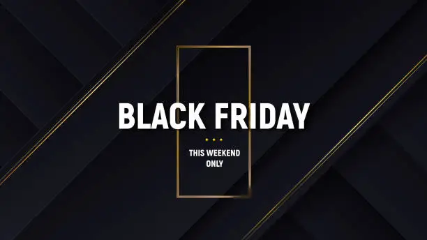 Vector illustration of Black friday luxury sale banner. Black background with papercut layers and golden glittering lines. Modern minimalistic of commercial discount event poster. Vector illustration.
