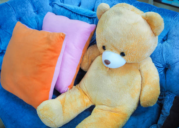 istock Cute Teddy bear with a pillow on blue the sofa. 1048031636