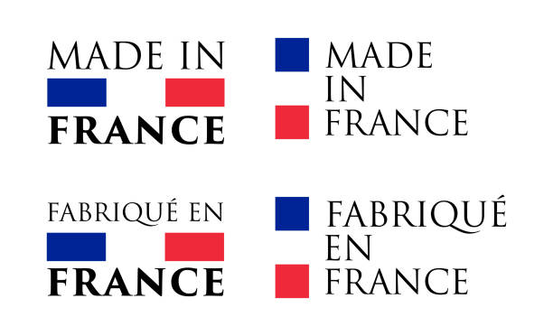 illustrations, cliparts, dessins animés et icônes de simple made in france (et en français traduction) étiquette. texte avec des couleurs nationales disposées horizontalement et verticalement. - fabriqué en france
