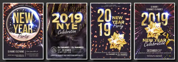 Vector illustration of 2019 Party Flyer Poster Set Vector. Night Club Celebration. Musical Concert Banner. Happy New Year. Celebration Template. Winter Background. Christmas Disco Light. Design Illustration