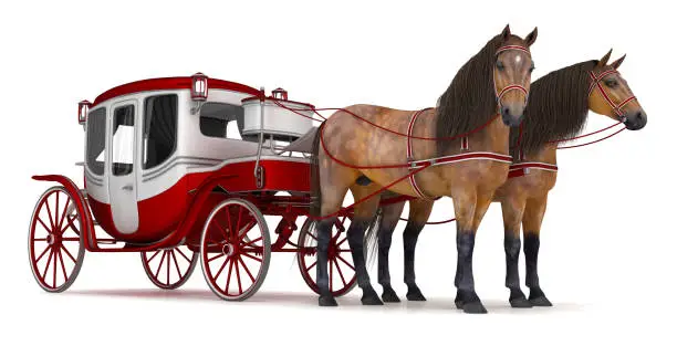 Pair of bay horses pulled into a carriage. 3d illustration isolated on white