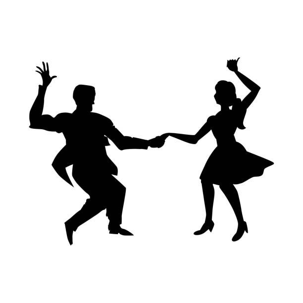 sylwetka mężczyzny i kobiety tańczących na huśtawce, lindy hop, tańce towarzyskie. czarno-biały obraz izolowany na białym tle. ilustracja wektorowa. - retro revival couple men elegance stock illustrations