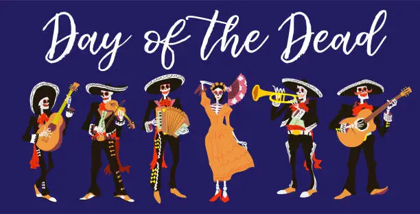 Vector illustration of la Catrina and el mariachi musicians. Skeleton characters design. Day of the dead or halloween isolated vector illustration. Element for card, poster, or product for holiday.