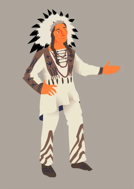 Vector illustration of The Indian, vector illustration by Thanksgiving Day. The aboriginal of America in traditional suit. Isolated object.